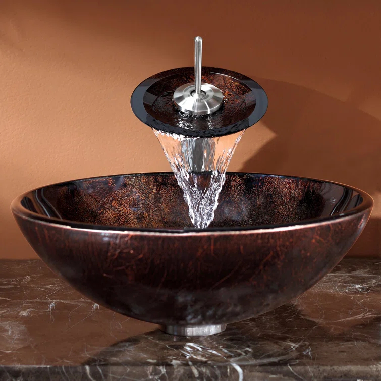 Glass Circular Vessel Bathroom Sink with Faucet