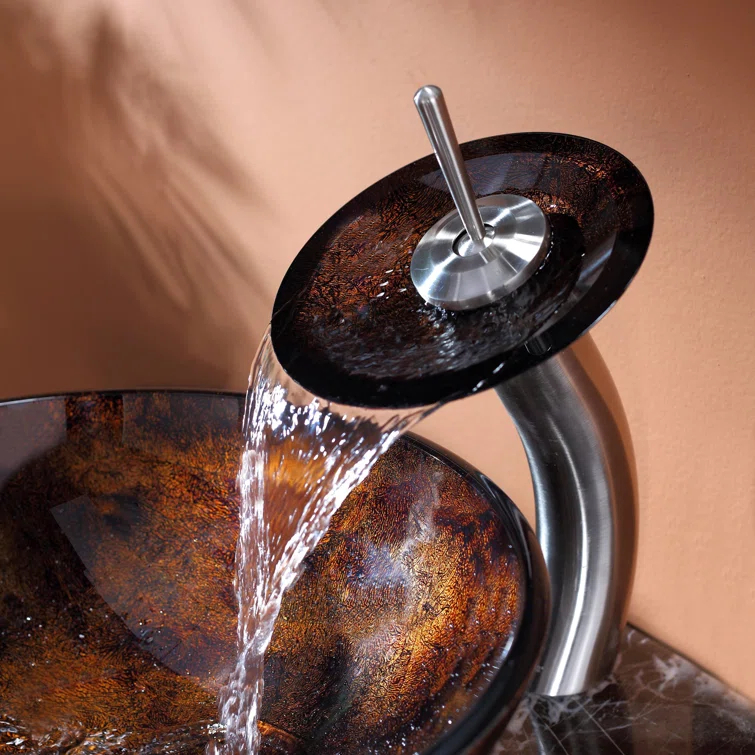 Glass Circular Vessel Bathroom Sink with Faucet