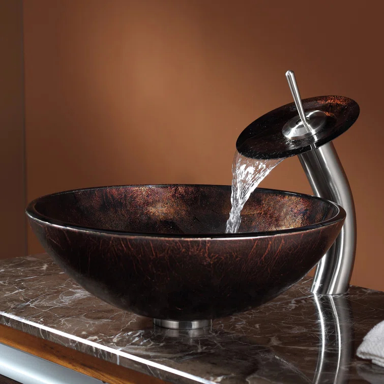 Glass Circular Vessel Bathroom Sink with Faucet