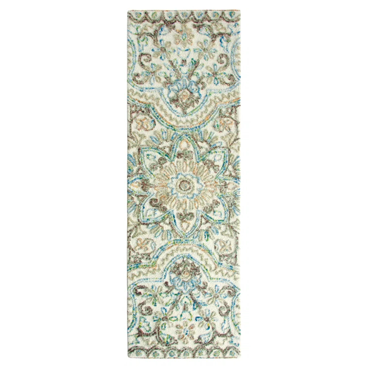 Agra Damask Handmade Tufted Wool Beige/Blue Area Rug