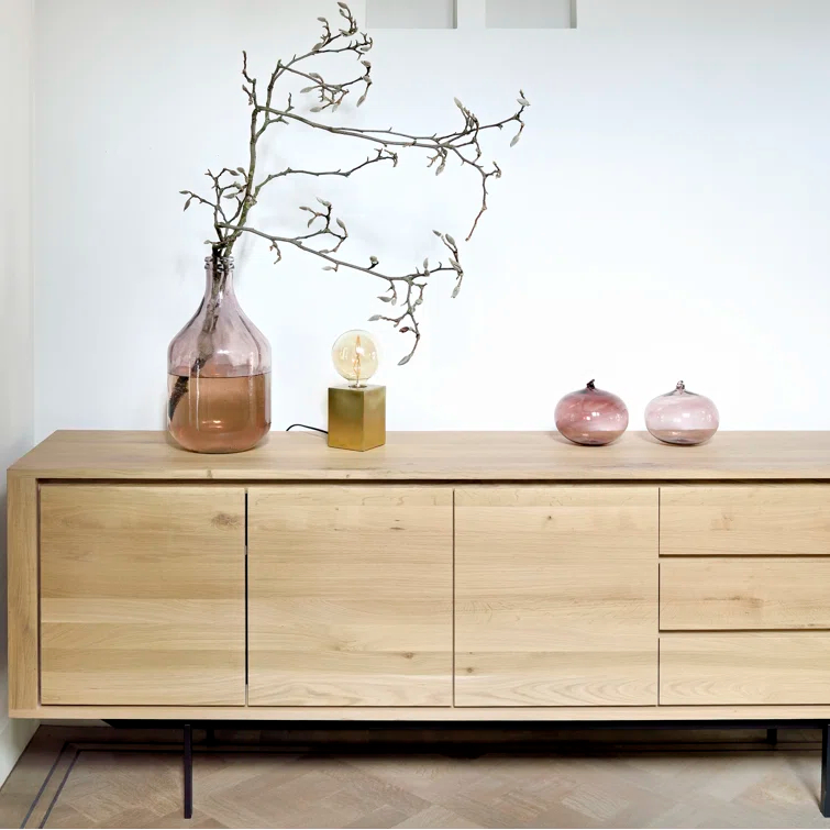 Natural Oak 88'' Solid Wood Sideboard with Black Metal Legs