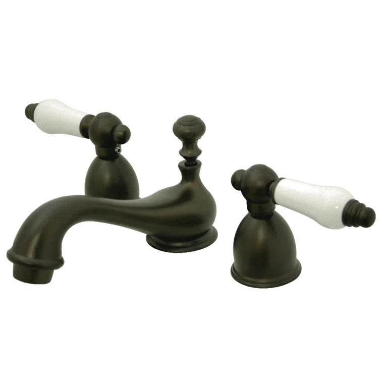 Kingston Brass Restoration Two-Handle 3-Hole Deck Mount Mini-Widespread Bathroom Faucet with Brass Pop-Up