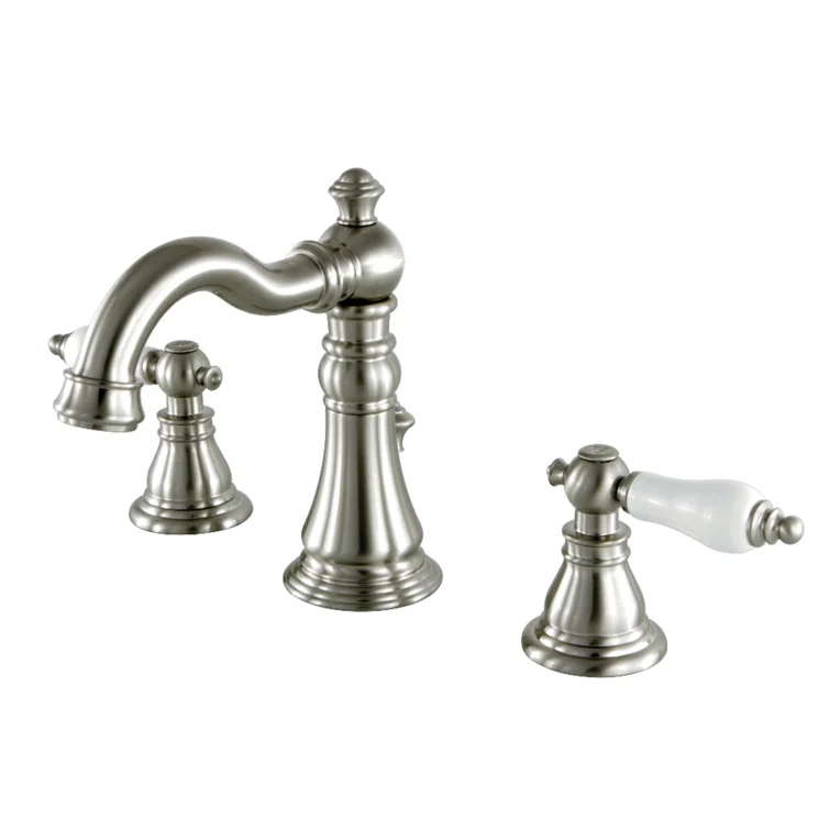 Kingston Brass American Patriot Two-Handle 3-Hole Deck Mount Widespread Bathroom Faucet with Retail Pop-Up Drain
