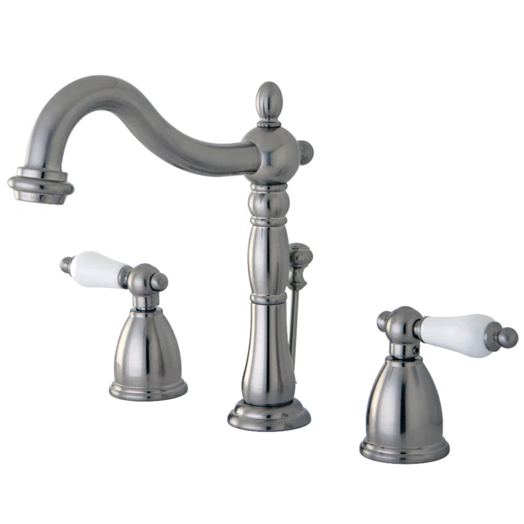 Kingston Brass Heritage Two-Handle 3-Hole Deck Mount Widespread Bathroom Faucet with Pop-Up Drain
