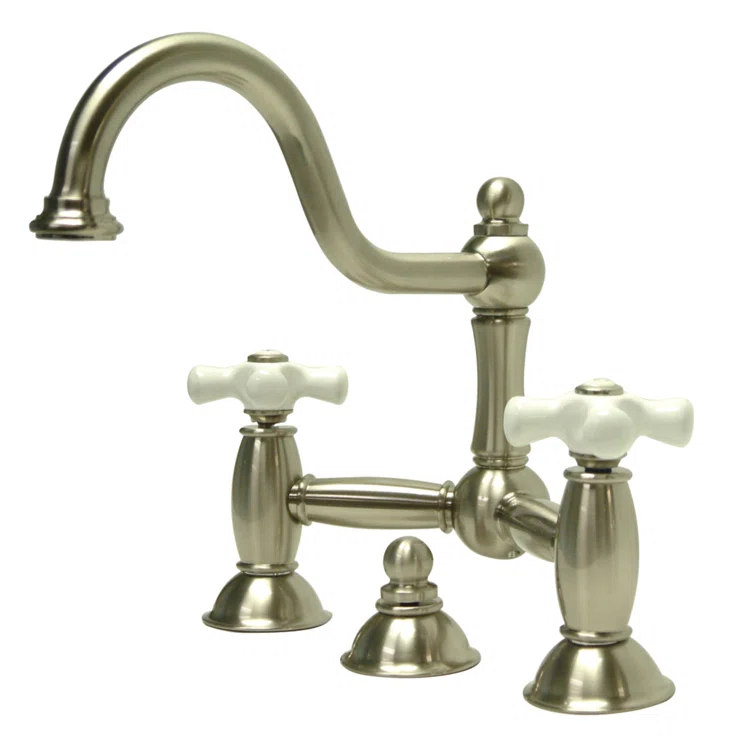 Kingston Brass Restoration Two-Handle 3-Hole Deck Mount Bridge Bathroom Faucet with Brass Pop-Up