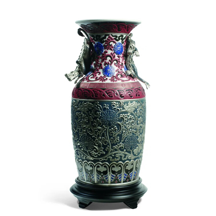 Glossy Blue Porcelain Table Vase with Metallic Luster