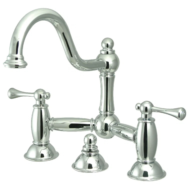 Kingston Brass Restoration Two-Handle 3-Hole Deck Mount Bridge Bathroom Faucet with Brass Pop-Up
