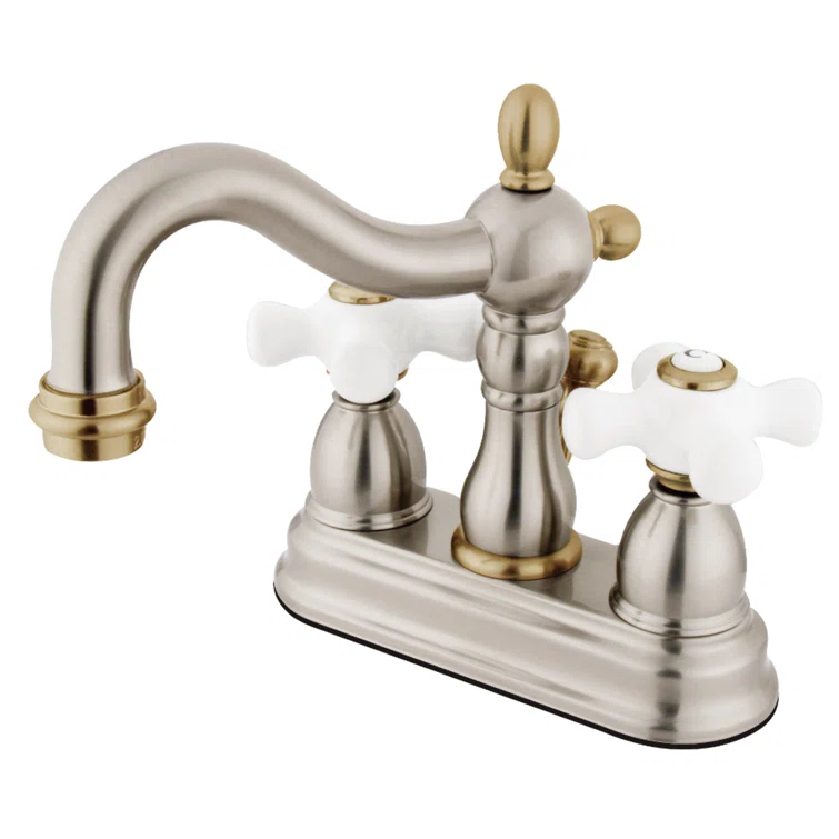 Kingston Brass Heritage Two-Handle 3-Hole Deck Mount 4" Centerset Bathroom Faucet with Plastic Pop-Up