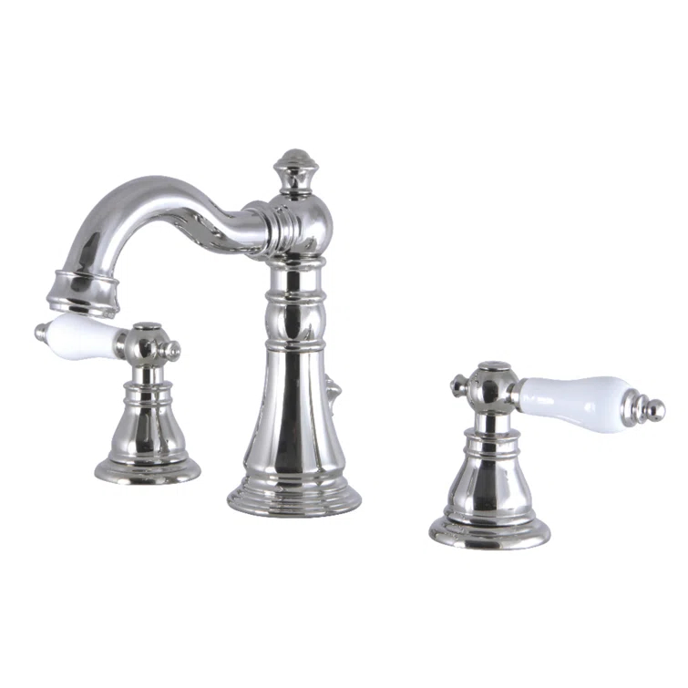 Kingston Brass American Patriot Two-Handle 3-Hole Deck Mount Widespread Bathroom Faucet with Brass Pop-Up Drain