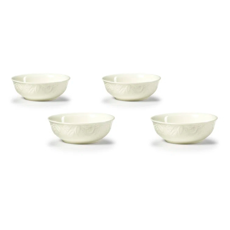 Set of 4 Off-White Embossed Ceramic Cereal Bowls