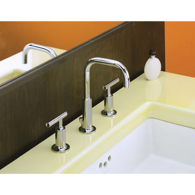 Purist® Widespread Faucet with Drain Assembly Low Lever Handles and Low Gooseneck Spout