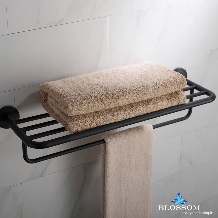 Blossom 500 Series Wall-Mounted Towel Rack with Shelf and Bar – Solid Brass Bathroom Accessory for Shower or Vanity, Space-Saving Lavatory Towel Holder BA02 509 04