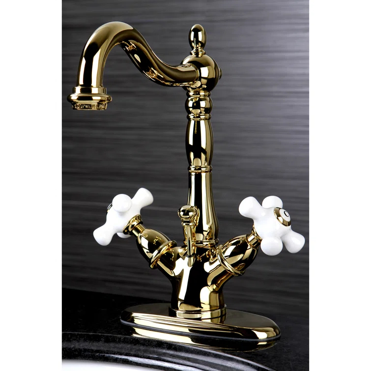 Kingston Brass Heritage Two-Handle 1-or-3 Hole Deck Mount Bathroom Faucet with Brass Pop-Up