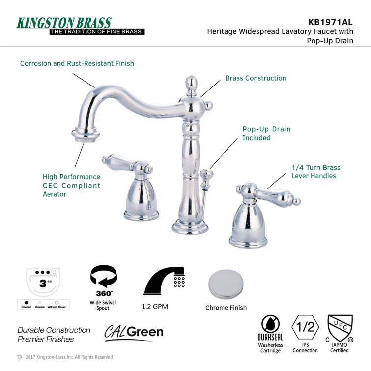 Kingston Brass Heritage Two-Handle 3-Hole Deck Mount Widespread Bathroom Faucet with Pop-Up Drain