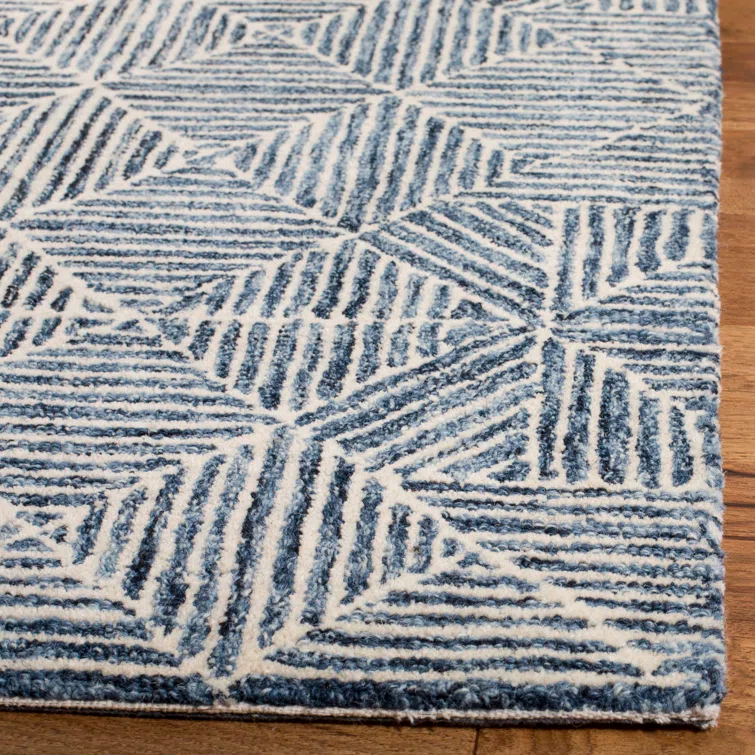 Handmade Ivory and Light Blue Wool Tufted Abstract Runner Rug