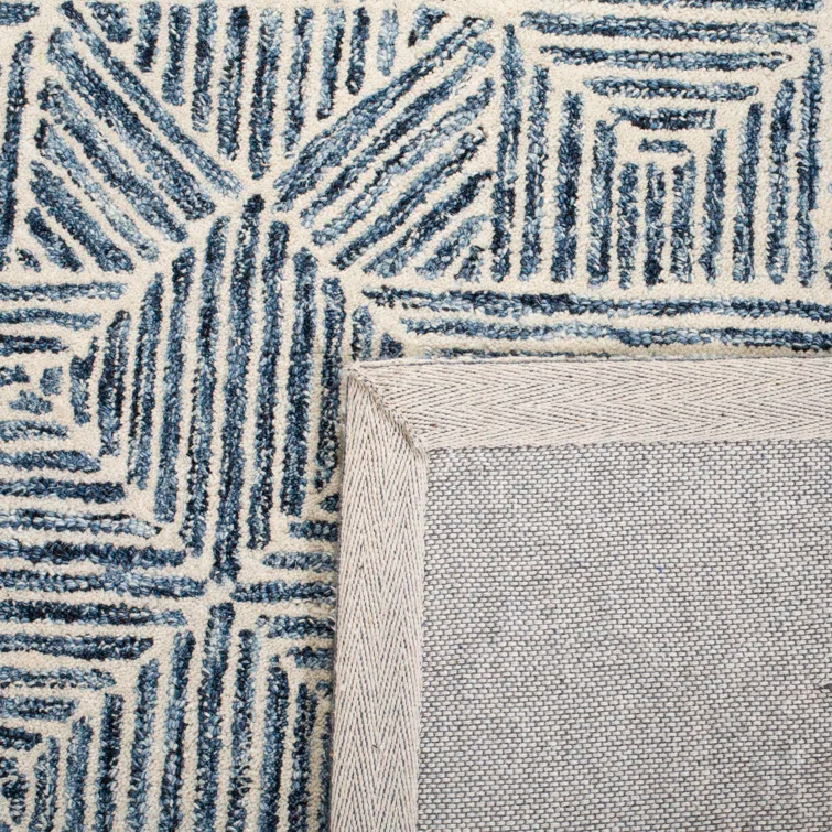 Handmade Ivory and Light Blue Wool Tufted Abstract Runner Rug