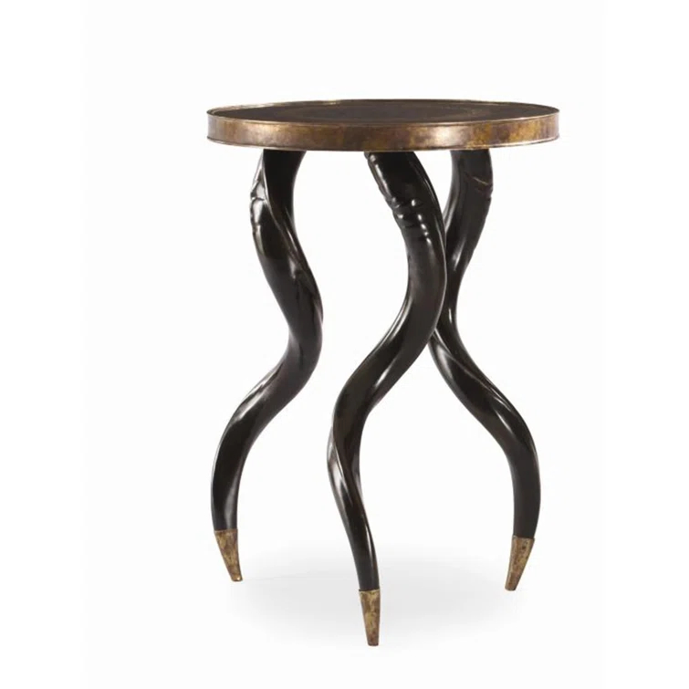 Faux Ebony and Brass Round End Table with Cast Horn Legs