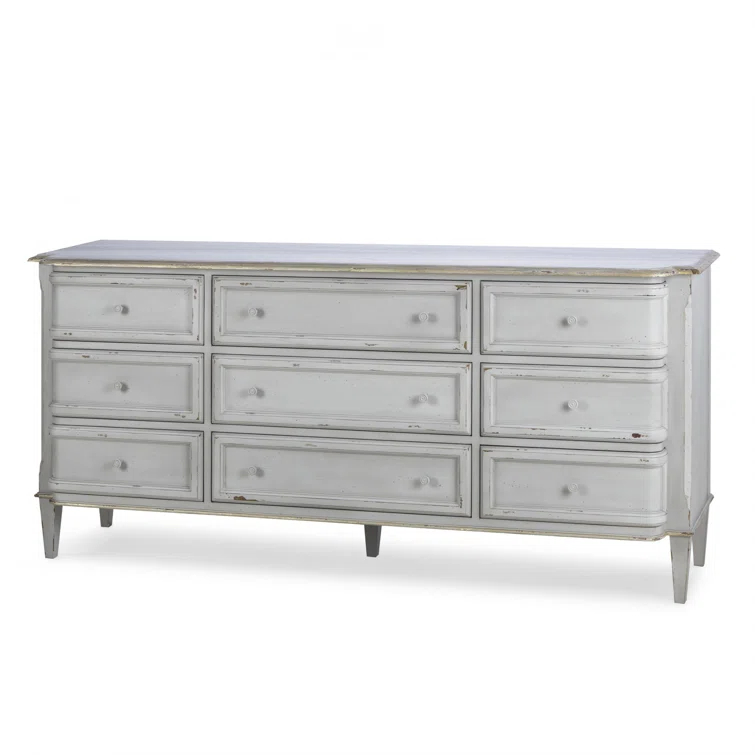 Madeline Light Grey and Gold Leaf Handcrafted 9-Drawer Dresser