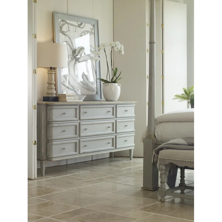Madeline Light Grey and Gold Leaf Handcrafted 9-Drawer Dresser