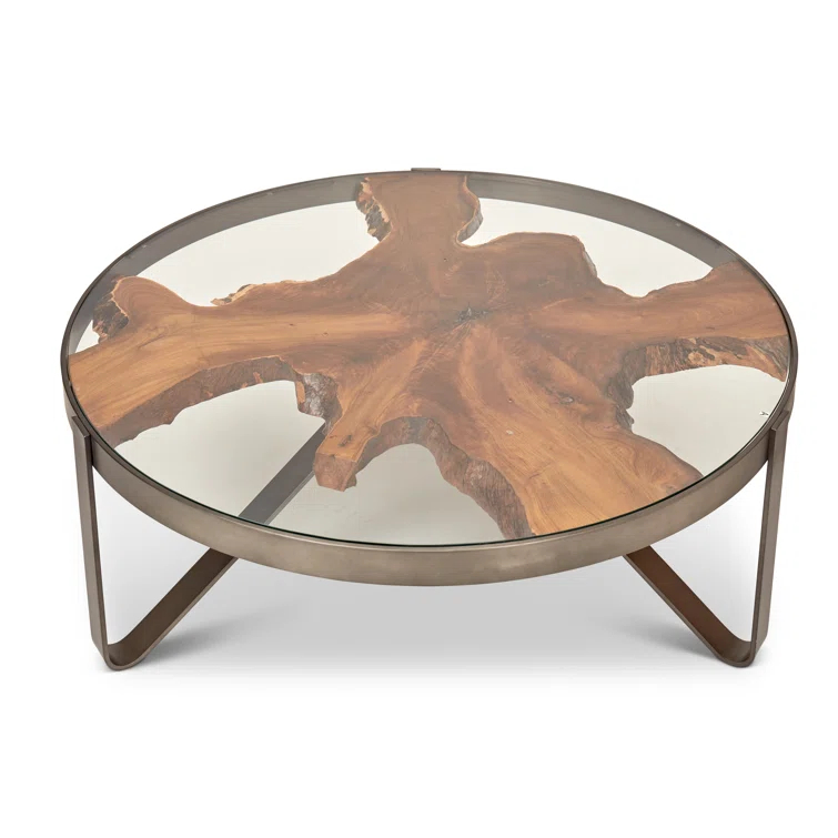 Round Teak and Glass Coffee Table with Galvanized Gray Frame