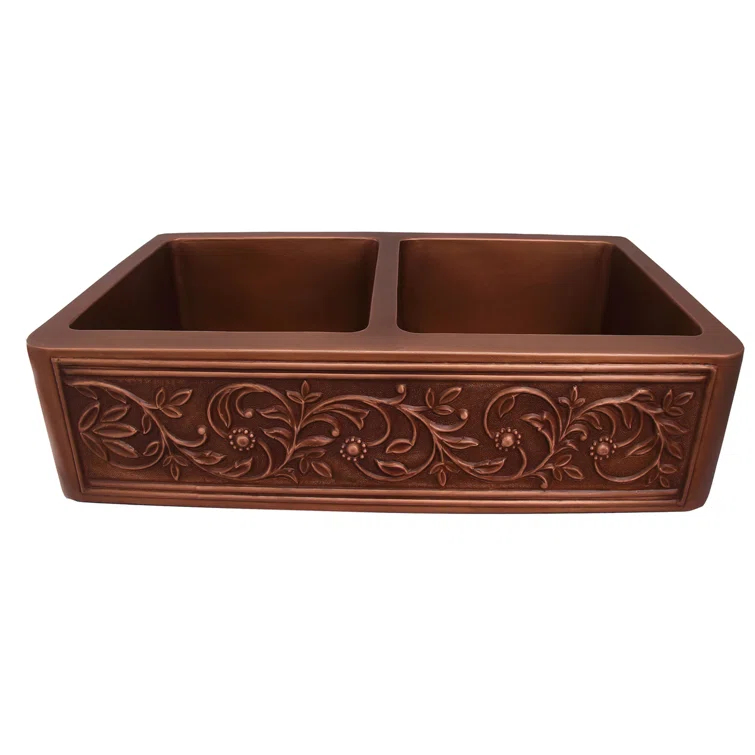 Cilantro 36'' L Farmhouse / Apron Double Bowl Copper Kitchen Sink