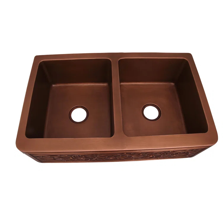 Cilantro 36'' L Farmhouse / Apron Double Bowl Copper Kitchen Sink