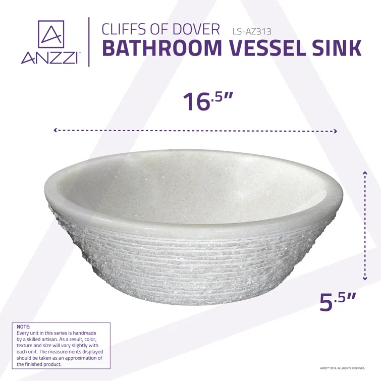 ANZZI Cliffs Of Dover 16.5'' White Marble Stone Circular Bathroom Sink