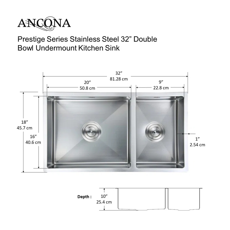 Prestige Series 32'' L Undermount Double Bowl Stainless Steel Kitchen Sink