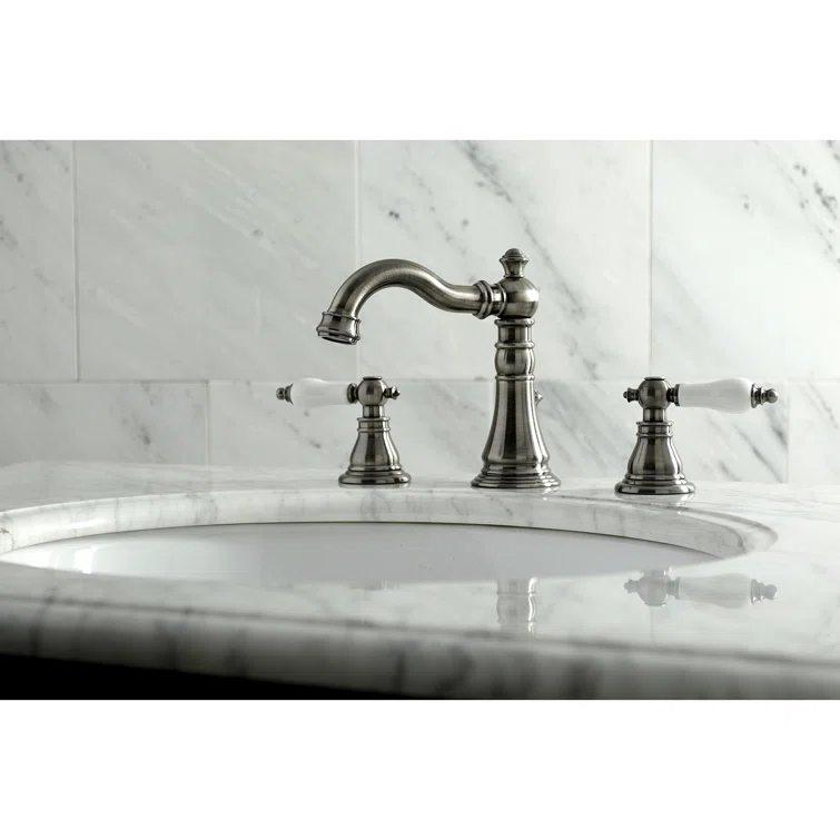 Kingston Brass American Patriot Two-Handle 3-Hole Deck Mount Widespread Bathroom Faucet with Brass Pop-Up Drain