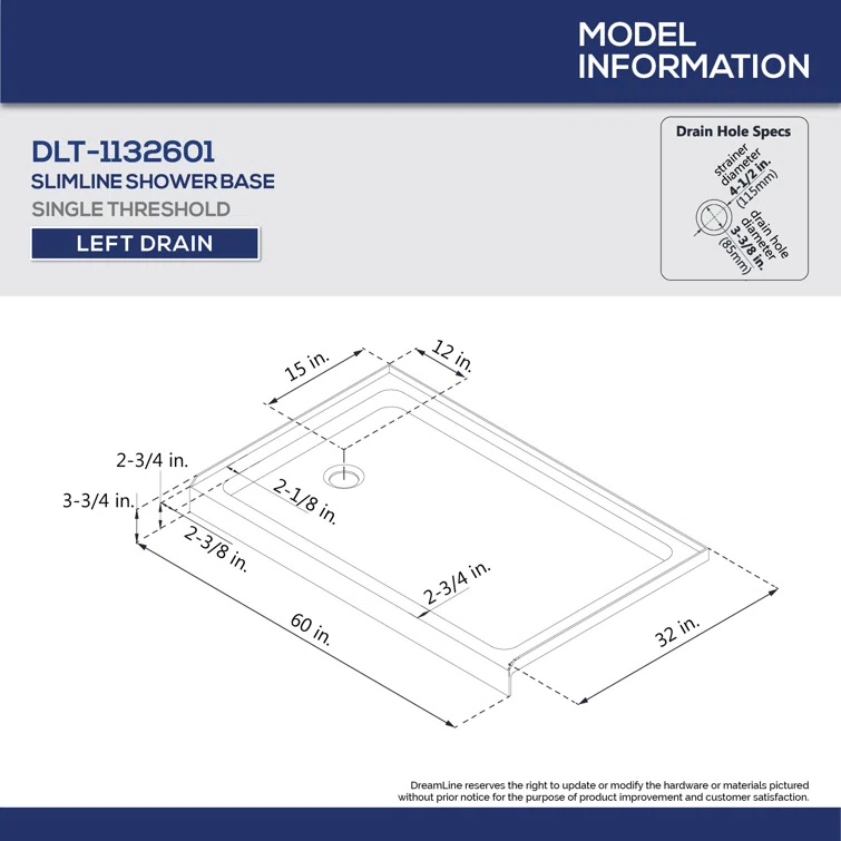 SlimLine 60" W x 32" D Single Threshold Shower Base