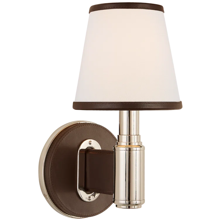 Polished Nickel and Chocolate Leather Sconce with Linen Shade