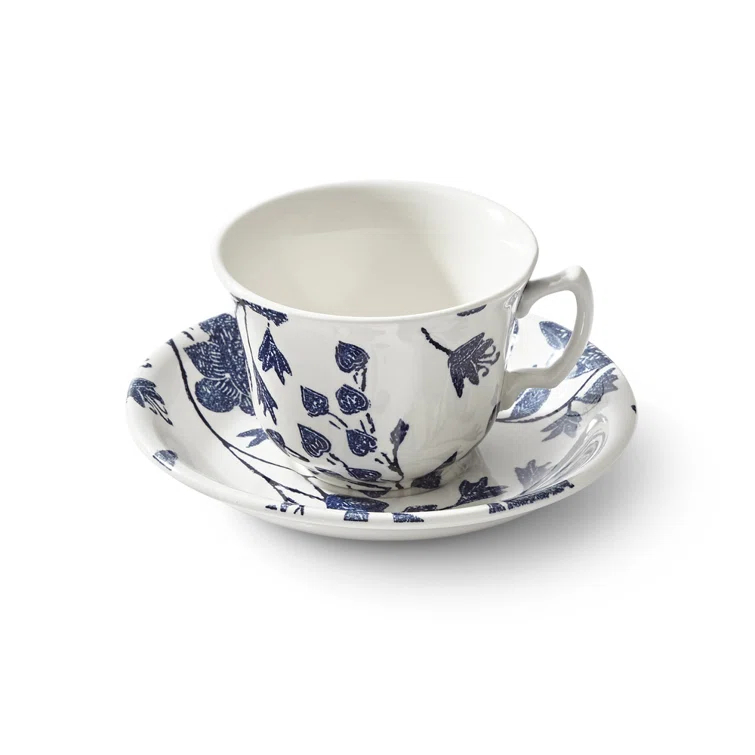 Blue Floral Ceramic Teacup with Saucer Set