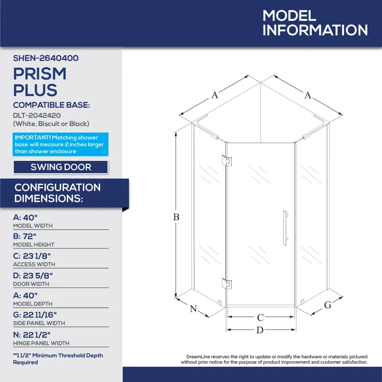 DreamLine Prism Plus 42" x 74.75" Rectangle Hinged Shower Enclosure with Base Included
