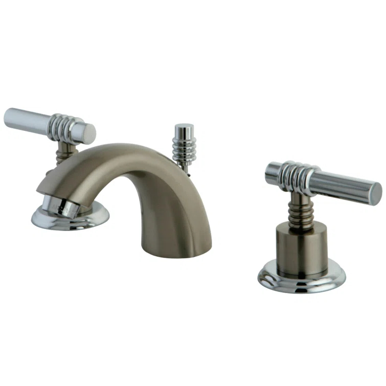 Kingston Brass Two-Handle 3-Hole Deck Mount Mini-Widespread Bathroom Faucet with Brass Pop-Up