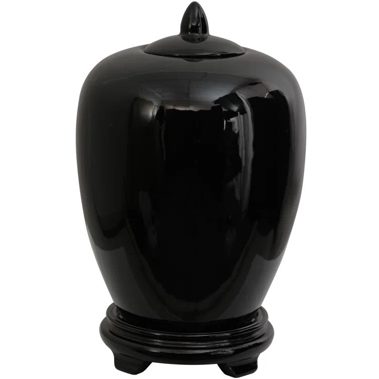 Oriental Furniture 11" Solid Black Porcelain Vase Jar, Black, decorative item, oriental design, living room