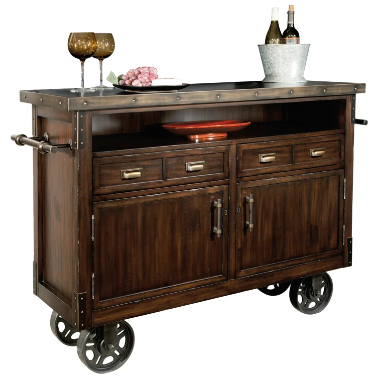 Rustic Hardwood & Antique Bronze 56" Wine Bar Console with Locking Door