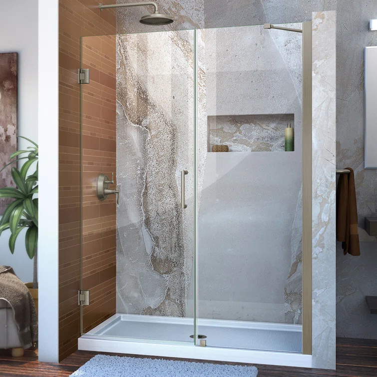 Unidoor 57" W x 72" H Hinged Frameless Shower Door and Fixed Panel with ClearMax Glass Treatment