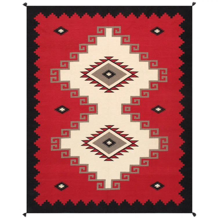 Ivory and Red Geometric Wool 8' x 10' Handmade Rug