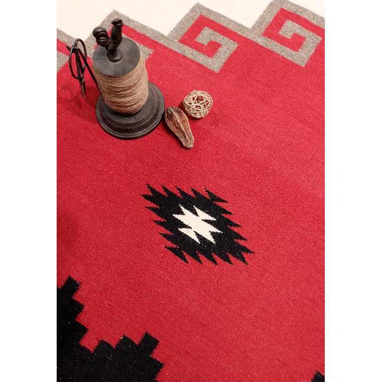 Ivory and Red Geometric Wool 8' x 10' Handmade Rug