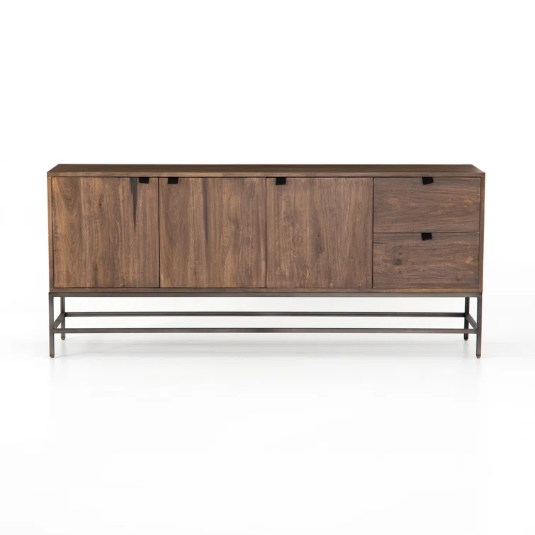 Auburn Poplar Wood 72" Sideboard with Leather Pulls and Iron Base