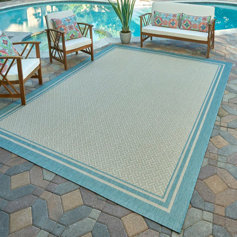Gertmenian Paseo Soroa Blue/Beige Border Indoor/Outdoor Flatweave Area Rug
