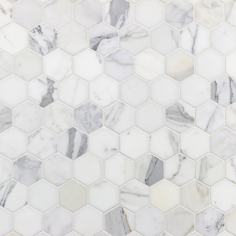 Hexagon Marble Mosaic Tile in White/Gray