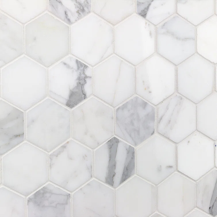 Hexagon Marble Mosaic Tile in White/Gray