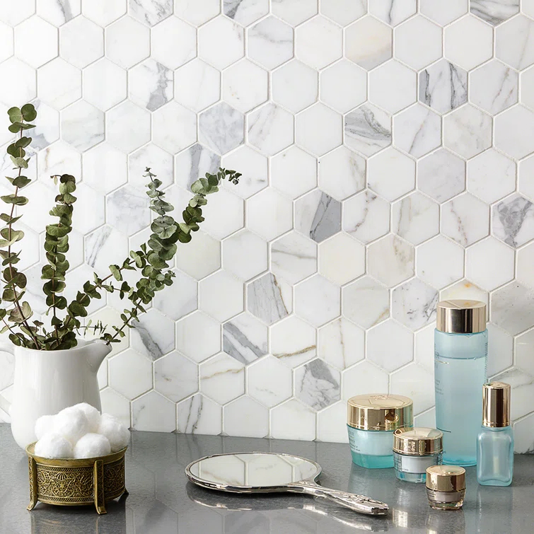 Hexagon Marble Mosaic Tile in White/Gray