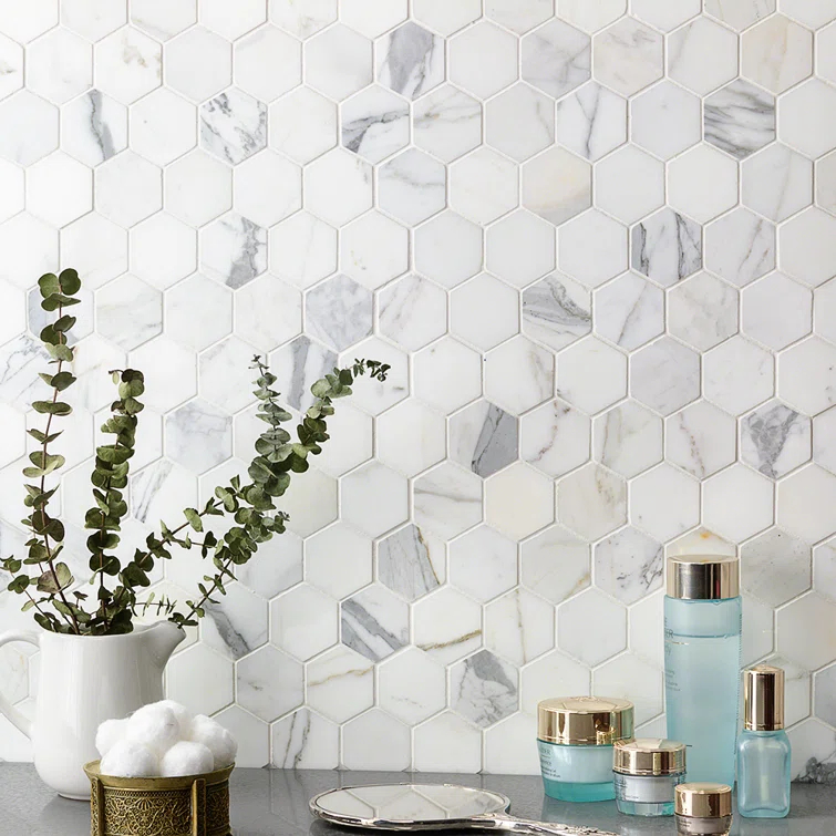 Hexagon Marble Mosaic Tile in White/Gray