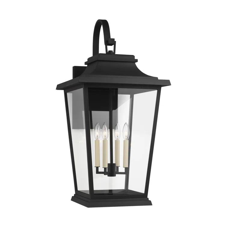 Textured Black 4-Light Outdoor Lantern Sconce with Clear Panels