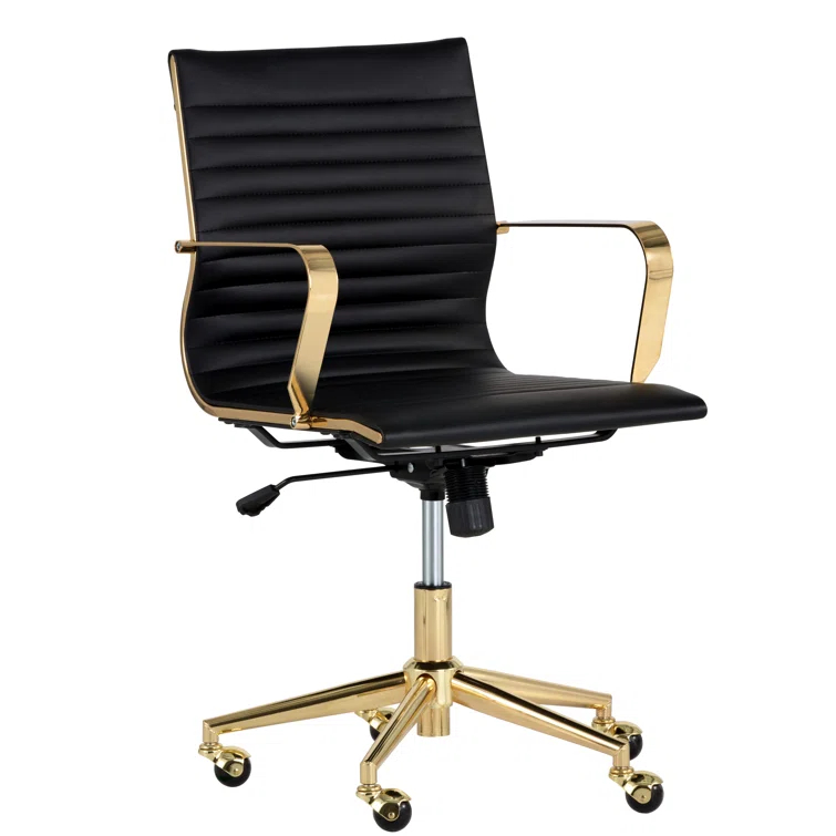 Black Faux Leather Swivel Task Chair with Gold Metal Frame