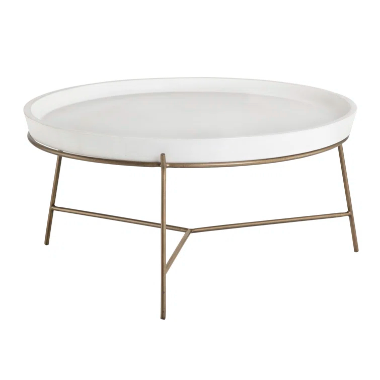 Sunpan Remy 31.5" Modern Metal Coffee Table with Tray-like Top in Brass/White