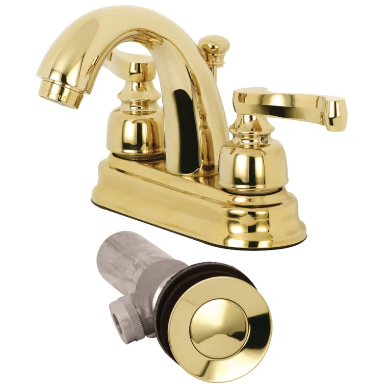 Kingston Brass Two-Handle 3-Hole Deck Mount 4" Centerset Bathroom Faucet with Brass Pop-Up