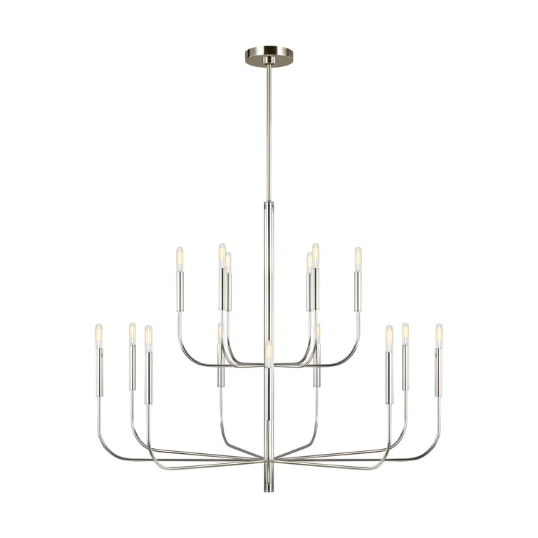 Brianna Polished Nickel 15-Light 2-Tier Chandelier with Linen Shades